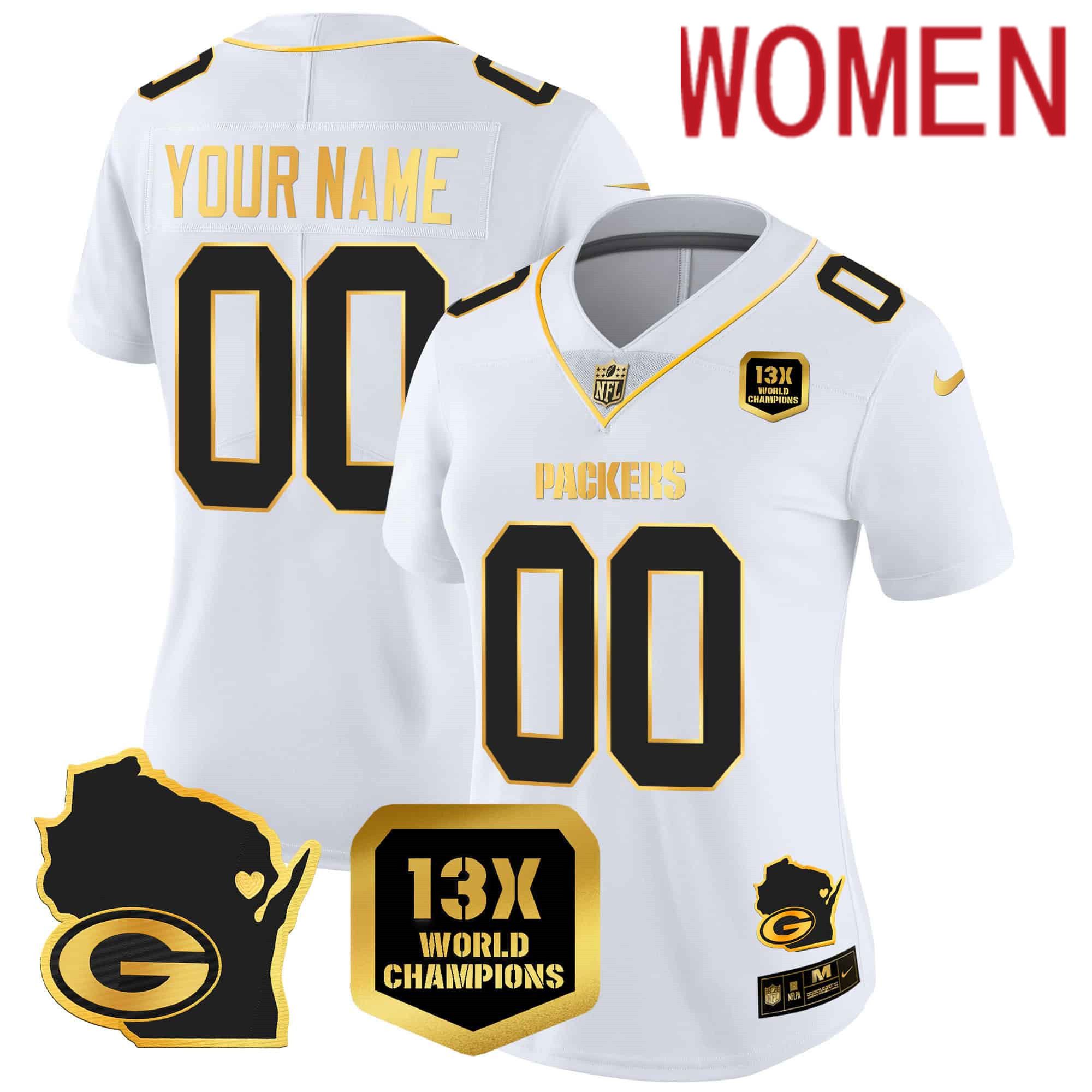 Women Green Bay Packers White Gold 2024 Nike World Champions Home Patch Vapor Custom NFL Jersey